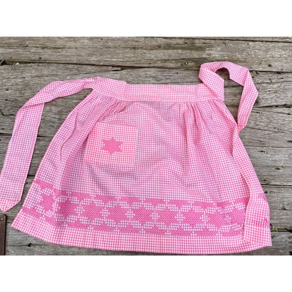 Vintage 1950s Half Apron Pink Gingham Check Smocked Stars Farmhouse - Picture 5 of 16